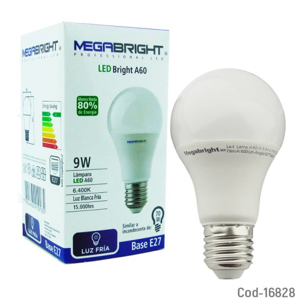 Ampolleta LED 9 Watt E-27, A60 Luz Fria, Megabright